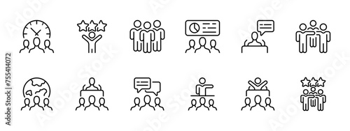 Society set icon. Working hours, success, group of people, viewing statistics, speech, teamwork, worldwide, manager, leader, discussion. Company employees concept. Vector line icon.