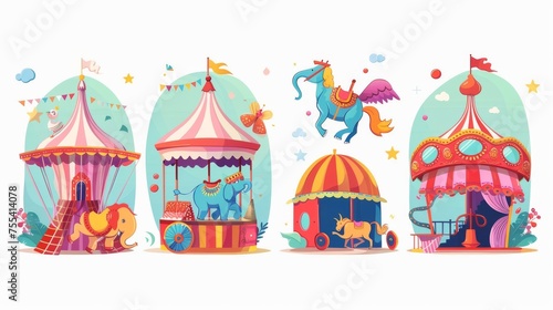 A circus show banner, a big top tent carnival entertainment with an elephant, a phoenix on stage, an ice cream booth, and a carousel. Tickets to an amusement park, invitation flyers and cartoon