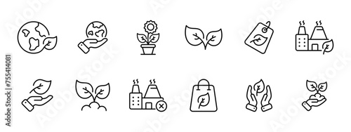 Ecology set icon. Ecology, caring for the planet, growing plants, nature, eco friendly industry, banning plants, seeds, protecting herb. Vector line icon on white background.