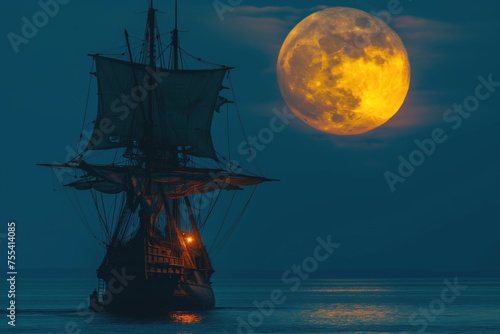 Fotografie Silhouette of old pirate ship against moon at night