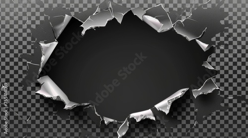 Steel sheet with tears and ragged cracks. Modern realistic mockup of metal break edges on transparent background. Damaged metallic sheet by cut or explosion. © Mark
