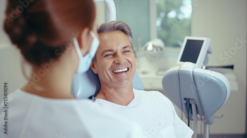 A middle-aged man patient in a chair at a dental clinic. Dentist  Orthodontist  Teeth Whitening  Brushing  Braces  Veneers  Caries Treatment  Pulpitis  Periodontitis  Healthcare  Oral Hygiene.