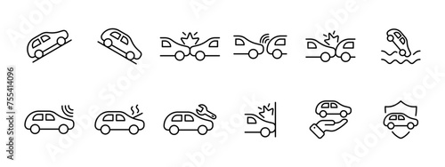 Machine set icon. Raising and lowering car, head on collision, timely stopping, accident. The car sinks, overheats, crashes into obstacle, repairing car. Transport protection. Vector line icon.