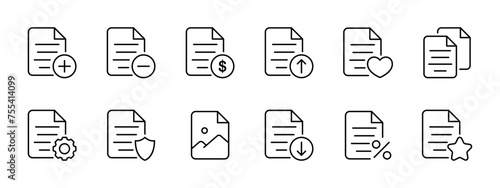 File set icon. Deleting, sending, blocking, reading, searching for files. Photos and finances in files, settings, configuring, download, upload. Working with files concept . Vector line icon.