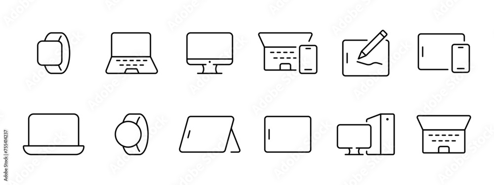 Equipment set icon. Smart watch, clock, laptop, phone, screen, monitor, tablet, computer, modern technology, keyboard. Devices and technology concept. Vector line icon on white background. Equipment set icon. Smart watch, clock, laptop, phone, screen, monitor, tablet, computer, modern technology, keyboard. Devices and technology concept. Vector line icon on white background.