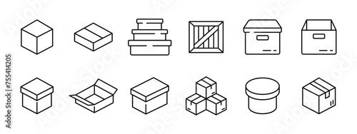 Box set icon. Square, flat, wooden, closed, open. rectangular boxes. Collection of boxes, round shape, parcels. Vector line icon on white background.