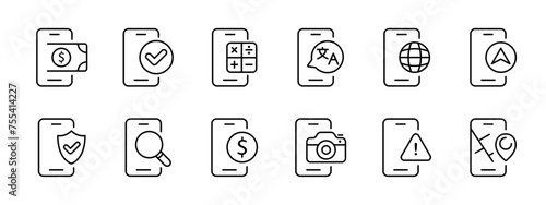 Phone set icon. Payment, calculator, translator, Internet navigation, search, photos, maps in your phone. Make money using your mobile phone. All in one device concept. Vector line icon,