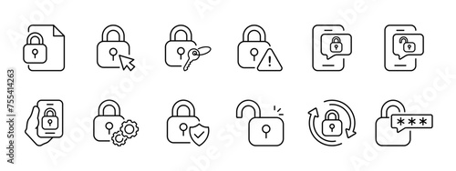 Lock set icon. Protection, selection, key, insecure lock, locked, unlocked, locked phone. Verification, configuration, password synchronization. Vector line icon on white background.