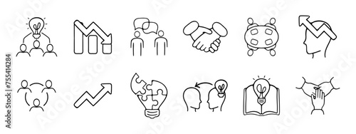 Startup in a team set icon. Startup, idea, decline, growth, discussion, deal, conference, transfer of ideas, finding a solution, teamwork. Ambitious idea, project concept. Vector line icon.