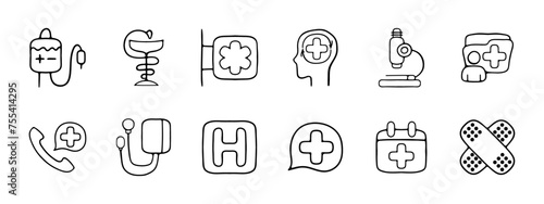 Medicine set icon. IV, pharmacy, healthy thinking, microscope, telephone consultations, heart monitoring, healthcare, schedule, patch. The concept of proper treatment. Vector line icon