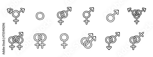 Genders set icon. Hetero, pansexual, transgender, bisexual, agender, gay, lesbian, androgynous, cismale, neither. Vector line icon on white background. photo
