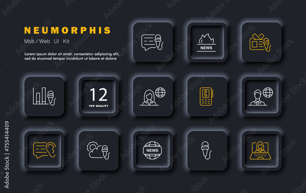 News set icon. Discussion, rumors, presenter and presenter, mp3 player, world news, weather forecast, laptop, hot news, interview, microphone. Press concept. Neomorphism style. Vector line icon News set icon. Discussion, rumors, presenter and presenter, mp3 player, world news, weather forecast, laptop, hot news, interview, microphone. Press concept. Neomorphism style. Vector line icon