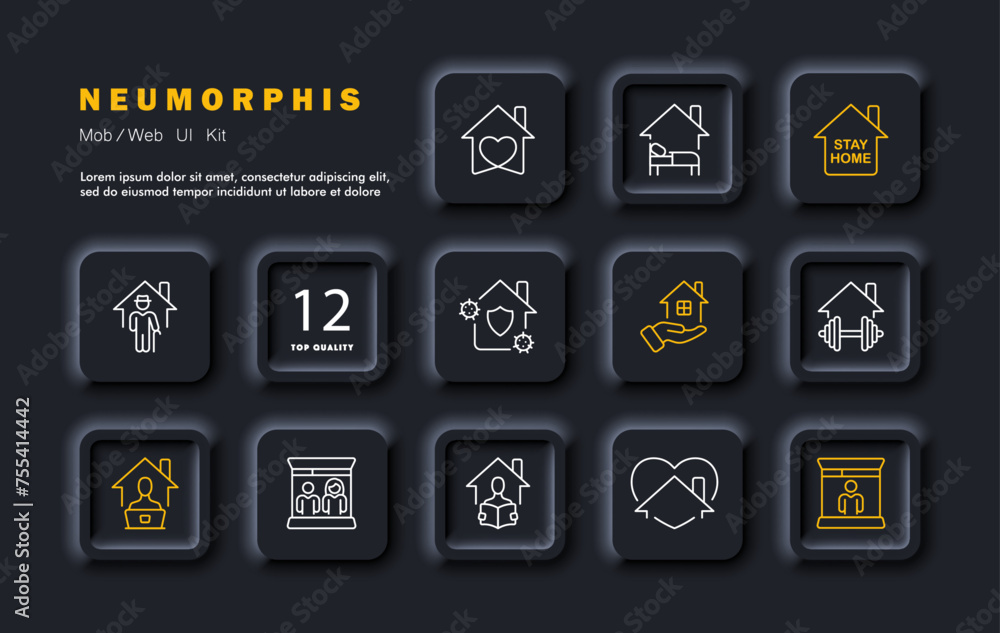 Everyday life set icon. Walking, working from home, sport, selling a house, stay home, self development, family life. Isolation, health care concept. Neomorphism style. Vector line icon Everyday life set icon. Walking, working from home, sport, selling a house, stay home, self development, family life. Isolation, health care concept. Neomorphism style. Vector line icon