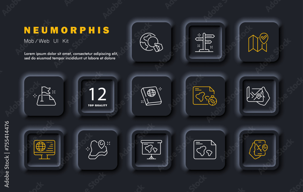 Navigation set icon. Flag, globe, monitor, book, map, compass, destination, internet maps, news reports, magnifying glass. Travel, working with maps concept. Neomorphism style. Vector line icon Navigation set icon. Flag, globe, monitor, book, map, compass, destination, internet maps, news reports, magnifying glass. Travel, working with maps concept. Neomorphism style. Vector line icon