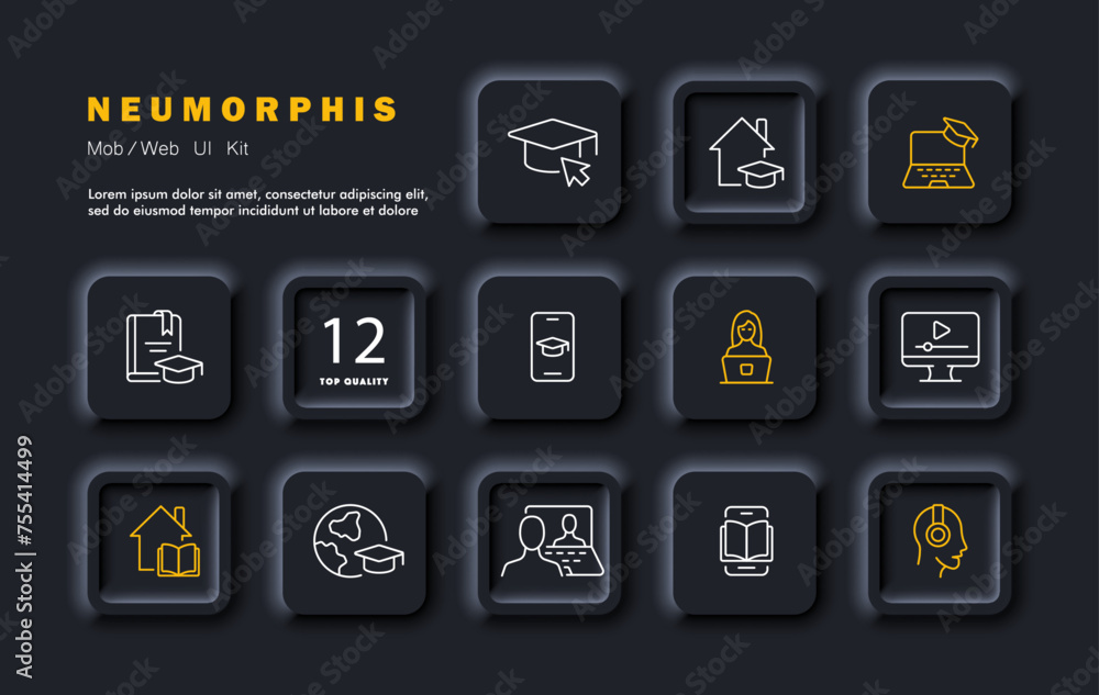 Training set icon. Student cap, book with bookmark, online learning, videos, lectures, laptop, teacher, headphones, studying home, book on phone, online courses. Neomorphism style. Vector line icon Training set icon. Student cap, book with bookmark, online learning, videos, lectures, laptop, teacher, headphones, studying home, book on phone, online courses. Neomorphism style. Vector line icon
