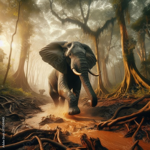 African elephant walks through the African rainforest forest 