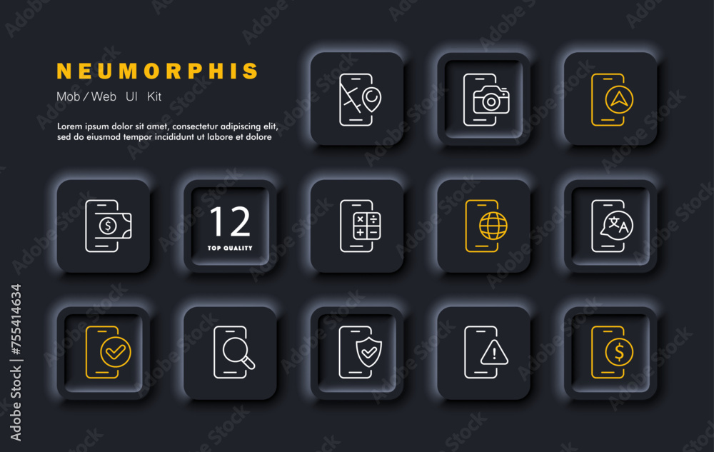 Phone set icon. Payment, calculator, translator, Internet navigation, search, photos, maps in your phone. Make money using your mobile phone. All in one concept. Neomorphism style. Vector line icon Phone set icon. Payment, calculator, translator, Internet navigation, search, photos, maps in your phone. Make money using your mobile phone. All in one concept. Neomorphism style. Vector line icon