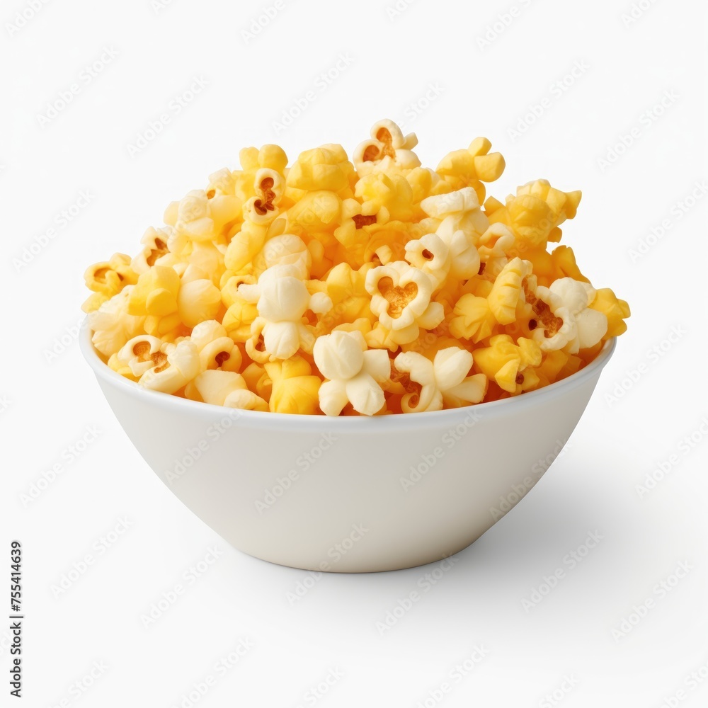 A bowl filled with cheese popcorn isolated on a white background A bowl filled with cheese popcorn isolated on a white background