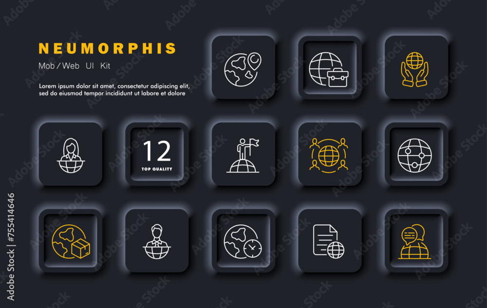 Globe set icon. Reporting, delivery around the world, heads of countries, meeting, time zone, world discussions, travel, articles, documents. Neomorphism style. Vector line icon Globe set icon. Reporting, delivery around the world, heads of countries, meeting, time zone, world discussions, travel, articles, documents. Neomorphism style. Vector line icon