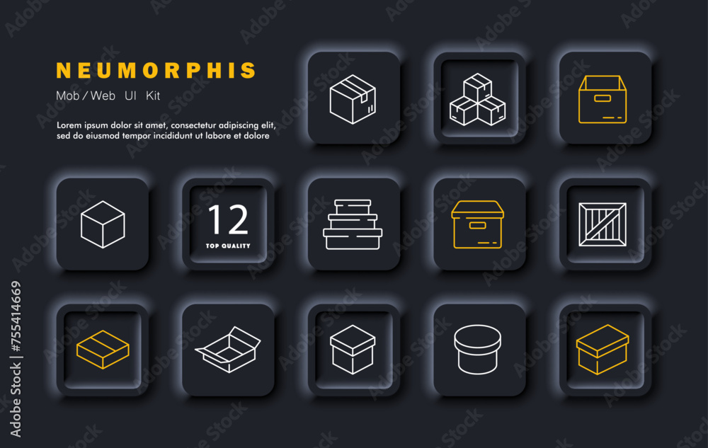 Box set icon. Square, flat, wooden, closed, open. rectangular boxes. Collection of boxes, round shape, parcels. Neomorphism style. Vector line icon Box set icon. Square, flat, wooden, closed, open. rectangular boxes. Collection of boxes, round shape, parcels. Neomorphism style. Vector line icon