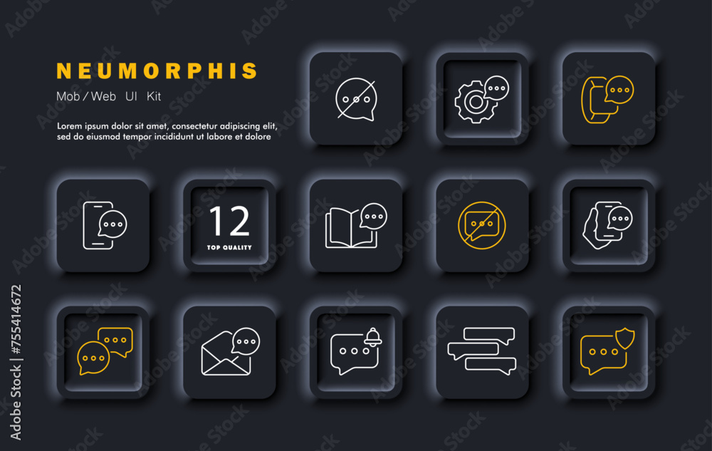 Chatting set icon. Chat, communication, correspondence, thoughts, freedom of speech, information, ban, configuration, message, email, notification. Neomorphism style. Vector line icon Chatting set icon. Chat, communication, correspondence, thoughts, freedom of speech, information, ban, configuration, message, email, notification. Neomorphism style. Vector line icon