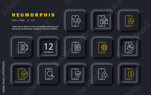 Phone set icon. Payment, calculator, translator, Internet navigation, search, photos, maps in your phone. Make money using your mobile phone. All in one concept. Neomorphism style. Vector line icon