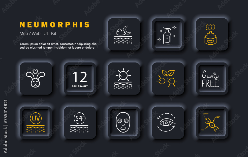 Skin care set icon. Various creams, night, day, eco friendly, sunscreen, for the skin around the eyes. Cruelty free, mask, bunny, natural cosmetics. Neomorphism style. Vector line icon Skin care set icon. Various creams, night, day, eco friendly, sunscreen, for the skin around the eyes. Cruelty free, mask, bunny, natural cosmetics. Neomorphism style. Vector line icon
