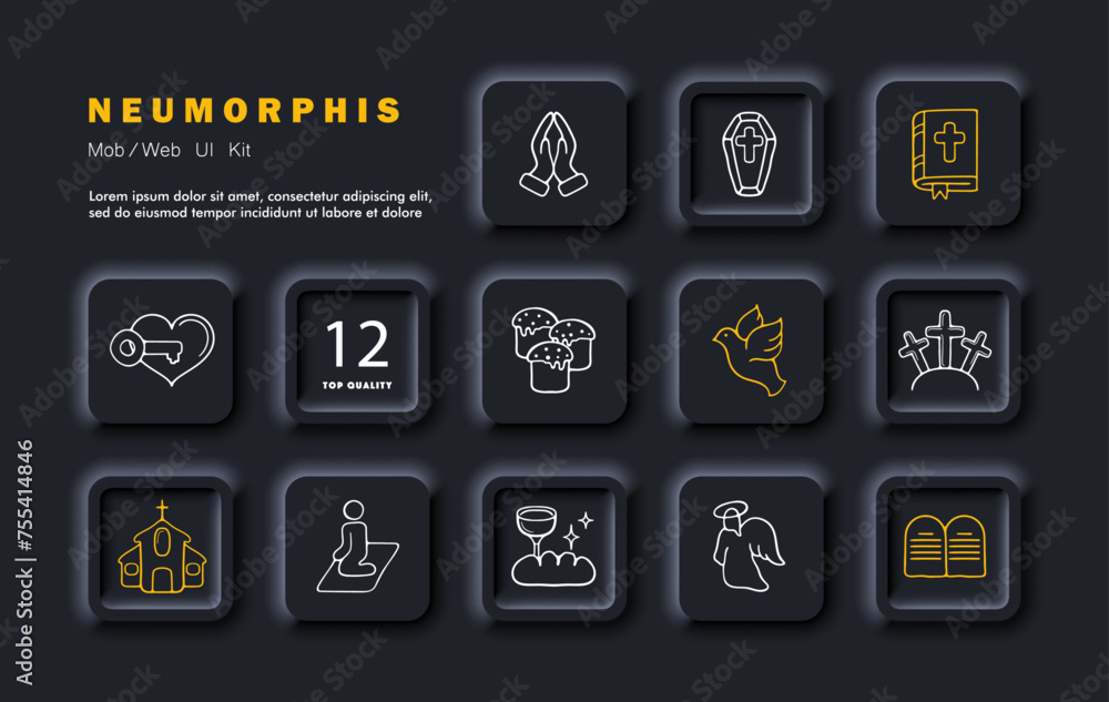 Faith set icon. Prayer, Easter, coffin, bible, key to the heart, church, wine, angel, prayer, bird, crosses. Church concept. Neomorphism style. Vector line icon Faith set icon. Prayer, Easter, coffin, bible, key to the heart, church, wine, angel, prayer, bird, crosses. Church concept. Neomorphism style. Vector line icon
