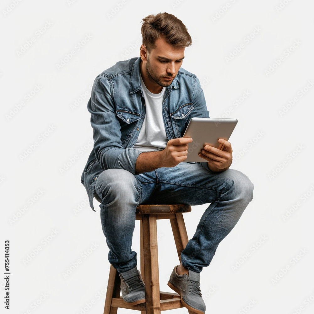 man with tablet on a grey background man with tablet on a grey background