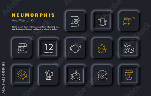 Coffee set icon. Coffee pot, coffee maker, cup of coffee, blender, glass of instant coffee. Store bought coffee beans, a bag of beans. Coffee, coffee shop concept. Neomorphism style. Vector line icon