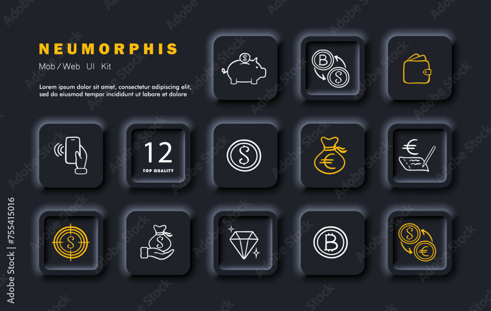 Currency set icon. Storage of money, safety of the dollar, exchange of dollars for bitcoin and vice versa, wallet, jewelry, cryptocurrency, safety of euros, NFC. Neomorphism style. Vector line icon Currency set icon. Storage of money, safety of the dollar, exchange of dollars for bitcoin and vice versa, wallet, jewelry, cryptocurrency, safety of euros, NFC. Neomorphism style. Vector line icon