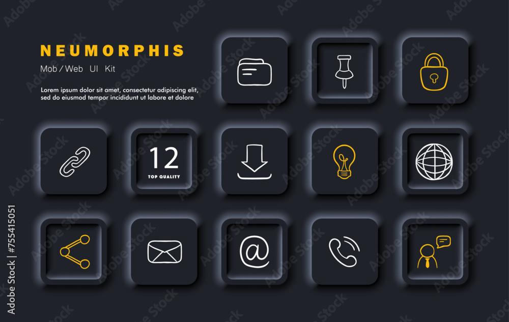Email set icon. Files, downloads, pinned, blocked, links, share button, At sign, call, mail, chat, idea, globe. Concept of corporation, office worker. Neomorphism style. Vector line icon Email set icon. Files, downloads, pinned, blocked, links, share button, At sign, call, mail, chat, idea, globe. Concept of corporation, office worker. Neomorphism style. Vector line icon