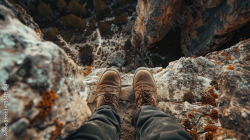 The traveler's feet stand on the edge of a cliff on a rock. Person looking down the abyss