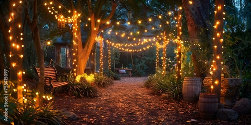 Garden Fairy Lights Transform the Night with Enchanting Illumination. Concept Outdoor Lighting, Garden Decor, Fairy Lights, Nighttime Ambiance