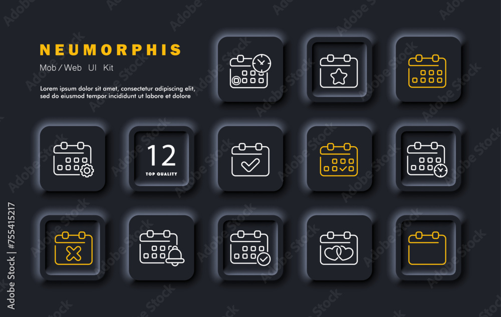 Calendar set icon. Schedule, favorites, holidays, emptiness, meetings, dates, settings, deleting, adding events, reminders, highlighting events. Timetable concept. Neomorphism style. Vector line icon Calendar set icon. Schedule, favorites, holidays, emptiness, meetings, dates, settings, deleting, adding events, reminders, highlighting events. Timetable concept. Neomorphism style. Vector line icon
