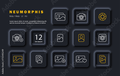 Camera set icon. Lens, flash, click, camera, vertical and horizontal shots, favorites, portrait, filters for shooting and photos. Photography concept. Neomorphism style. Vector line icon