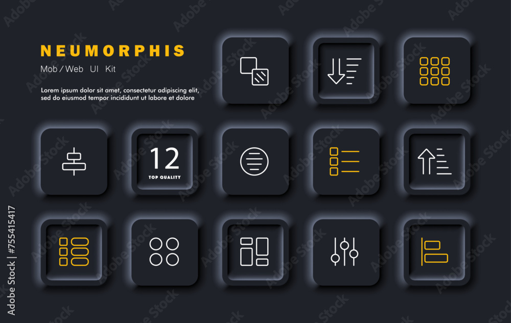 Tile set icon. Tiles, up arrow, down arrow, graphs, two points, one of them is shaded, settings sliders, infographics, points, tiles, circles, tasks, notes. Neomorphism style. Vector line icon Tile set icon. Tiles, up arrow, down arrow, graphs, two points, one of them is shaded, settings sliders, infographics, points, tiles, circles, tasks, notes. Neomorphism style. Vector line icon