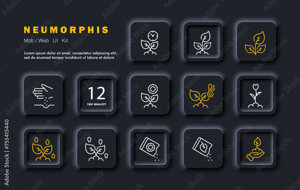 Plants set icon. Plant and its transmission, sprout, flower, waiting for growth, seeds, sowing, watering, lighting, temperature. Agricultural business concept. Neomorphism style. Vector line icon Plants set icon. Plant and its transmission, sprout, flower, waiting for growth, seeds, sowing, watering, lighting, temperature. Agricultural business concept. Neomorphism style. Vector line icon