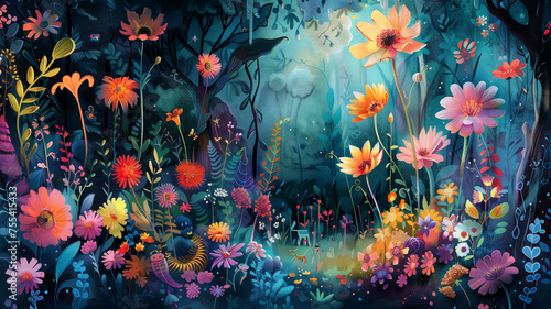Enchanted forest with colorful flora.