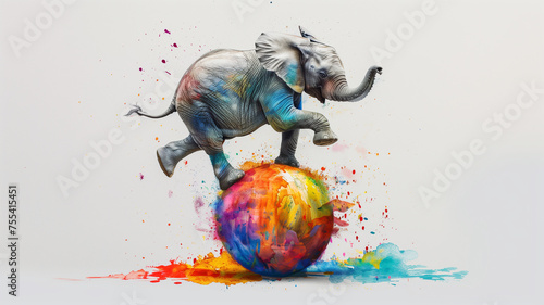 Elephant on a colorful globe on white background. photo