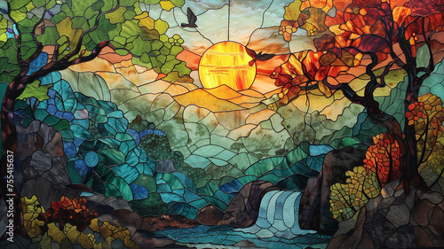 Stained glass nature scene of colour full