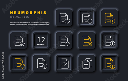 File set icon. Deleting, sending, blocking, reading, searching for files. Photos and finances in files, settings, configuring, download, upload. Neomorphism style. Vector line icon