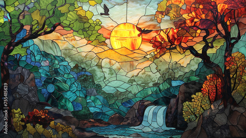 Stained glass nature scene of colour full