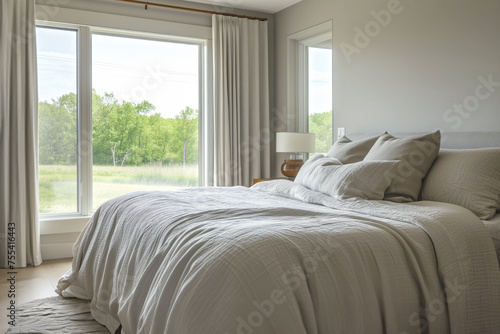 Spacious bedroom with king sized bed with nature view. Quiet luxury comfort and relaxation against backdrop of breathtaking view