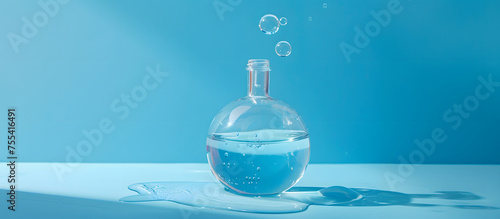 A glass flask filled with water sits on a white surface with bubbles rising from the water, set against a blue background. photo