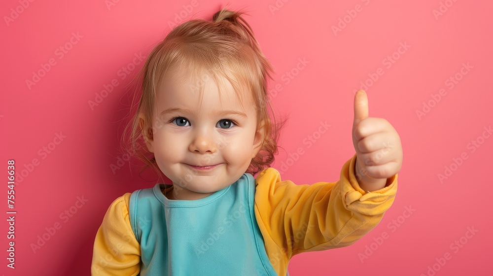 Portrait of a cute little girl showing thumbs up on a pink background Portrait of a cute little girl showing thumbs up on a pink background