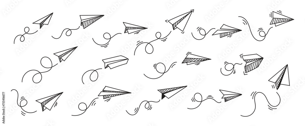 Set of Vector paper airplane. Travel, route symbol. Set of vector illustration of hand drawn paper plane. Isolated. Outline. Hand drawn doodle airplane. Black linear paper plane icon.