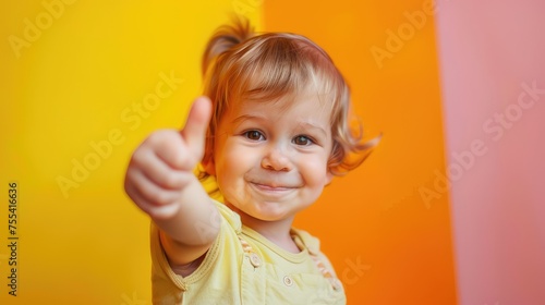 Cute little girl showing thumbs up on colorful background. Adorable baby girl with thumb up gesture.