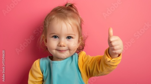 Portrait of a cute little girl showing thumbs up on a pink background