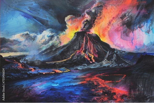 Ultra-calistic drawing: volcanic eruption, bold energy, volumetric light, iridescent rainbow colors and color reflections, the drawing captures the essence of the moment, chiaroscuro, high detail.